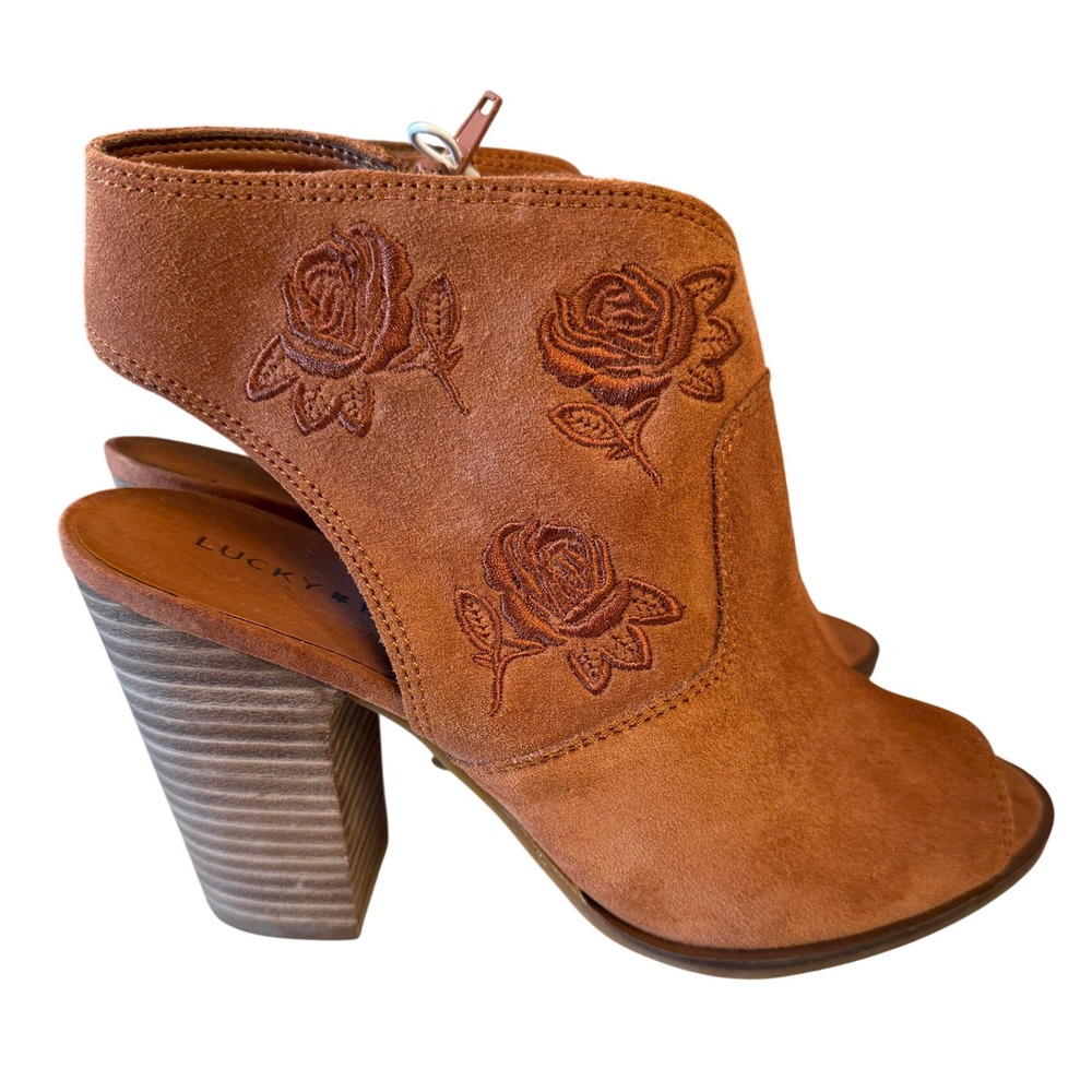 Lucky Brand Llstana Womens Brown Suede Rose Embroidered Peep Toe Booties Sz 9.5M - Picture 4 of 11